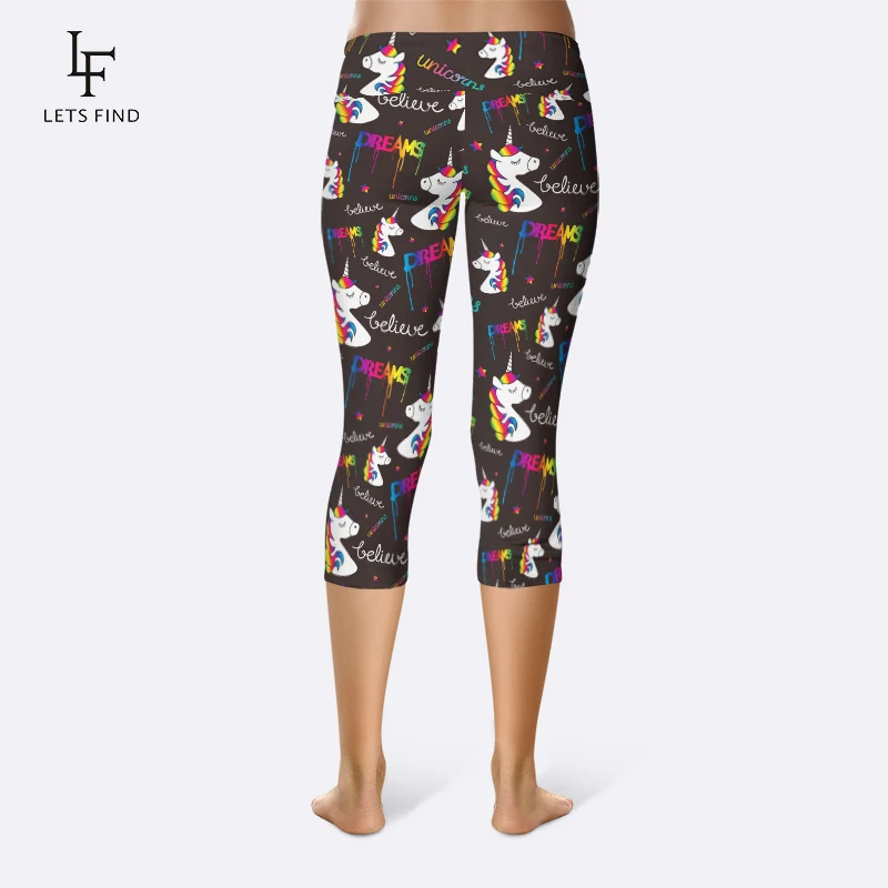 LETSFIND Fashion 3D Cartoon Unicorn Print Capri Leggings Plus Size Mid-Calf 3/4 Stretch Black Women High Waist Pants | Женская одежда