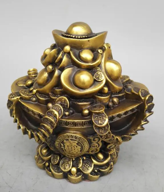 

China's Seiko carving pure brass Yuan bao coin money box wealth statue.