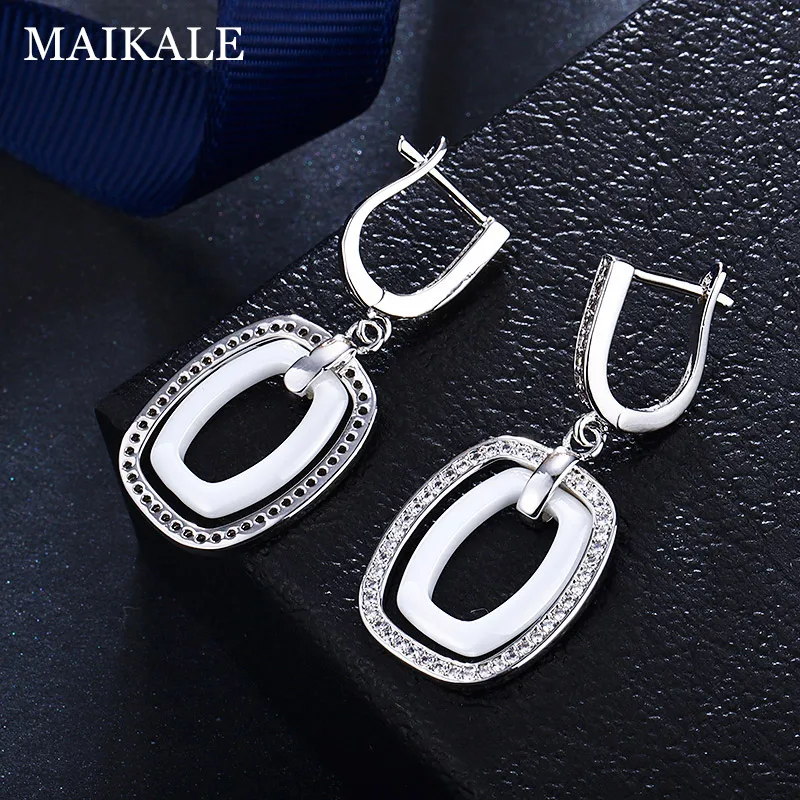 MAIKALE, новая мода, керамические круглые серьги-капли с цирконием для женщин, золотые, серебряные, с кубическим цирконием, висячие серьги, корейское ювелирное изделие, подарок