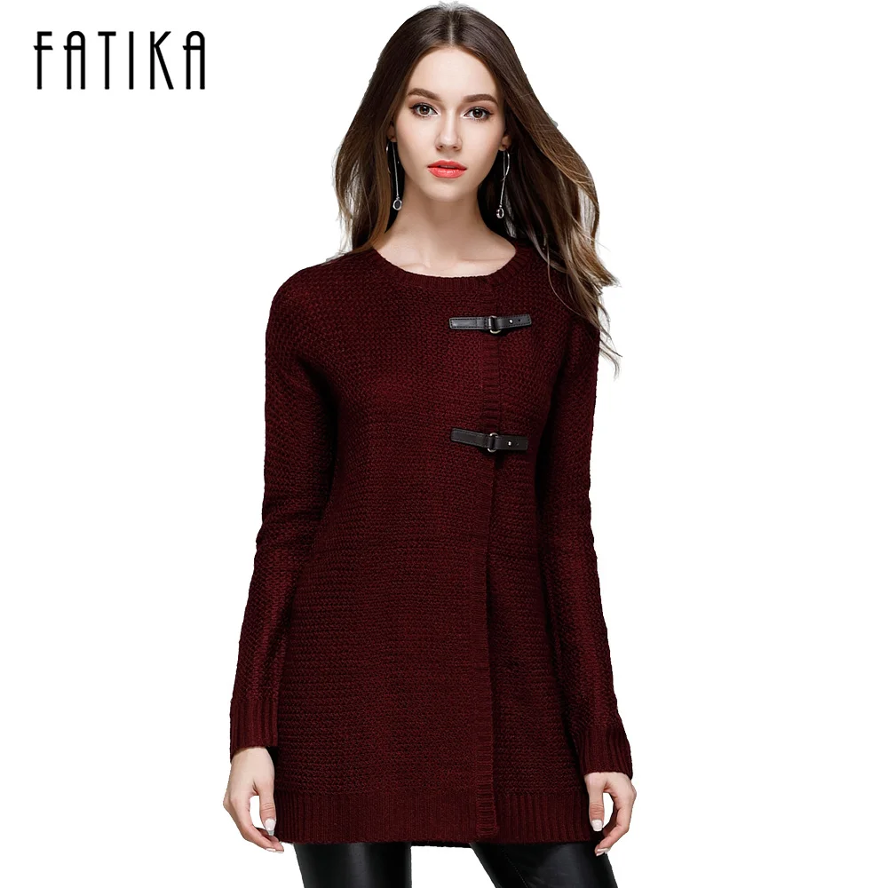 FATIKA,, осень, зима, новая мода, женский трикотаж,, длинный, однотонный, на пуговицах, кардиганы, Круглый ворот, открытый шов, свитера
