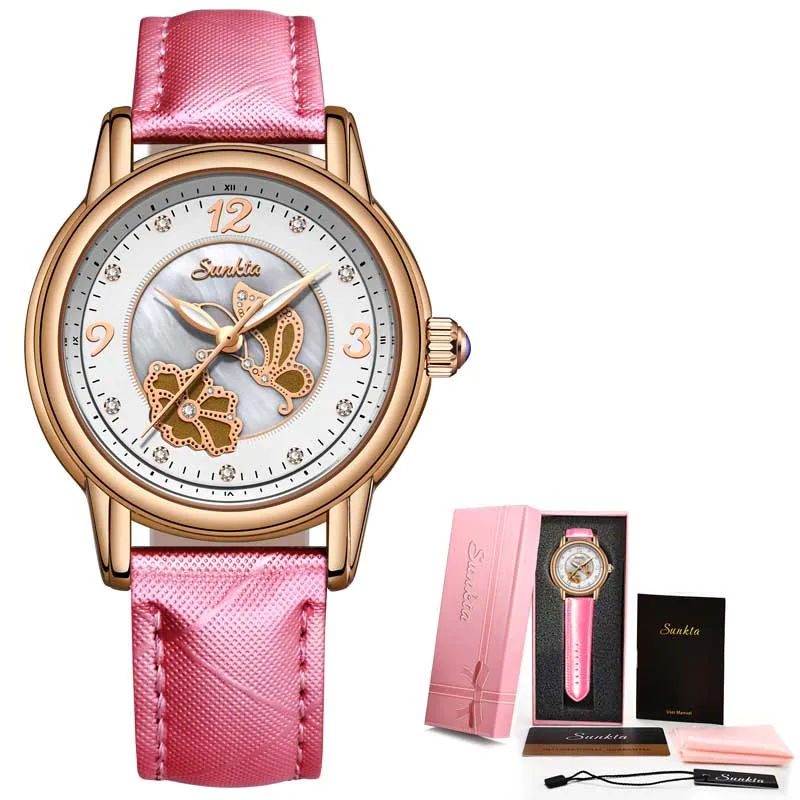 Pink SUNKTA женские часы фиолетовые кожаные алмазные часы женские водонепроницаемые женские кварцевые часы на запястье часы Reloj Mujer Vestidos De Verano - Цвет: Pink