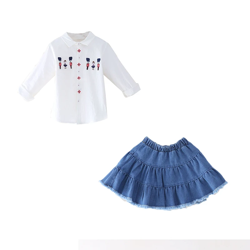

Kids Clothing Set School Girls Long Sleeve Autumn Spring 2pcs Set Girls Turn-down Collar White Blouses +Denim Skirt