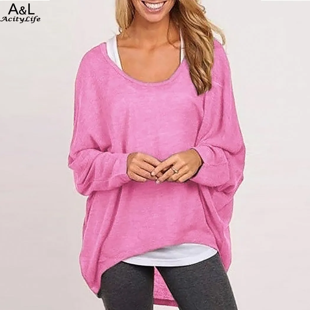 Spring Women Fashion Casual O-Neck Long Sleeve Loose Tops Irregular Batwing Long Sleeve Tops T-shirt Plus size S-XXL 67