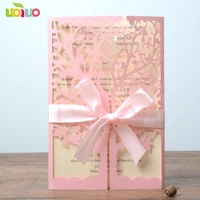 High grade sweet pink pearl wedding invitation card fancy lace cards with cheap price