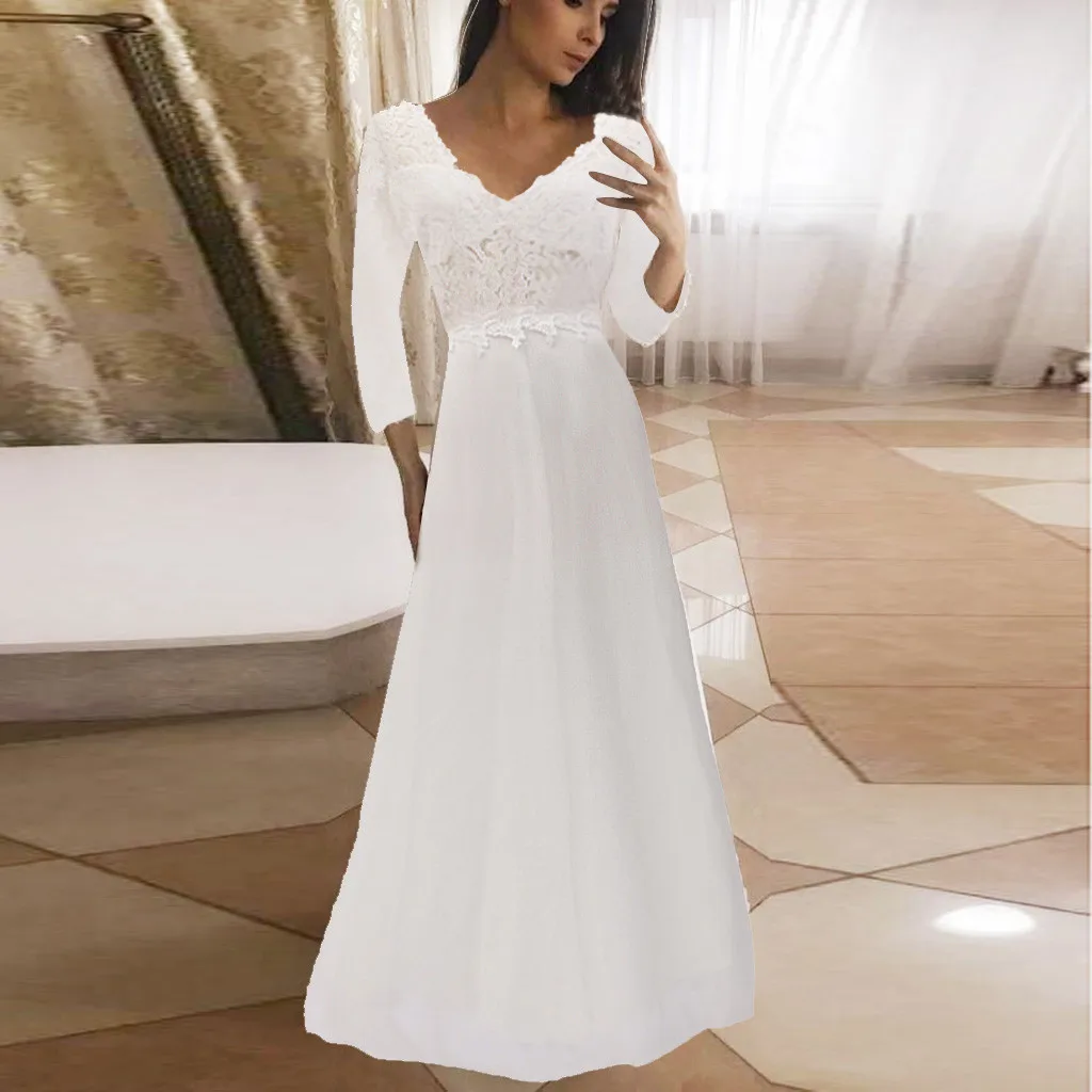 Женское кружевное платье белое однотонное длинное с длинным рукавом для