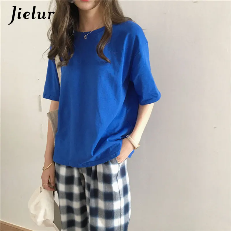 Bright blue Jielur футболка 15 однотонная Базовая футболка женская повседневная с круглым вырезом Harajuku летний топ корейский хипстер белая футболка S-XL Прямая поставка - Цвет: Bright blue