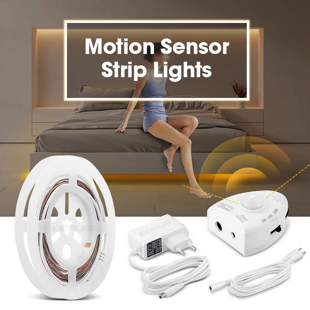 motion sensor dimming light bed lamp under cabinet night light flexible LED Strip 12V Tape 110V 220V US EU power supply