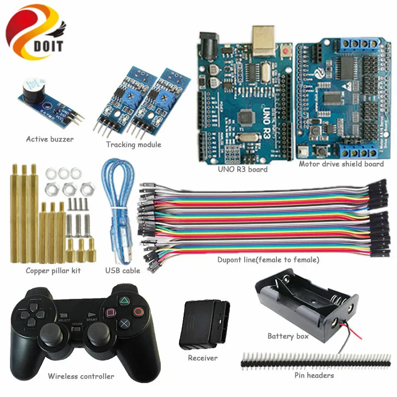 

Стартовый набор DOIT UNO для Arduino Project с контроллером PS2, платой UNO, платой привода двигателя, модулем отслеживания для DIY