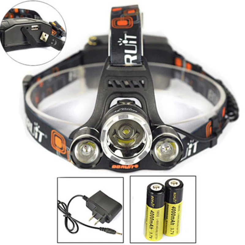 

BORUIT 8000LM 3x XM-L2 LED Headlight Headlamp Head Torch USB Lamp+18650+Charger Camping Portable Light Cycling Bicycle Bike Lamp