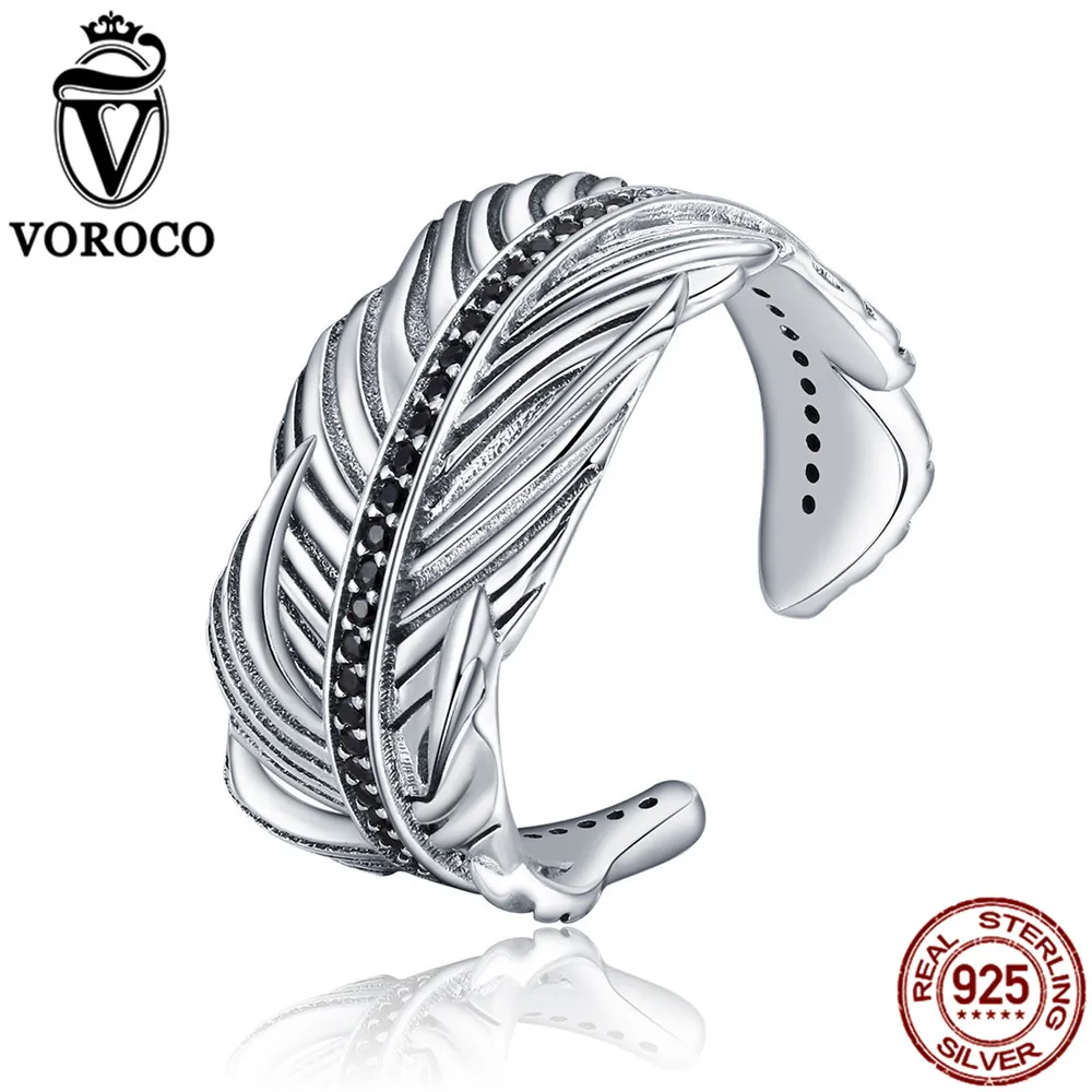 VOROCO 925 пробы серебряные винтажные черные циркониевые паве шикарные перо широкие