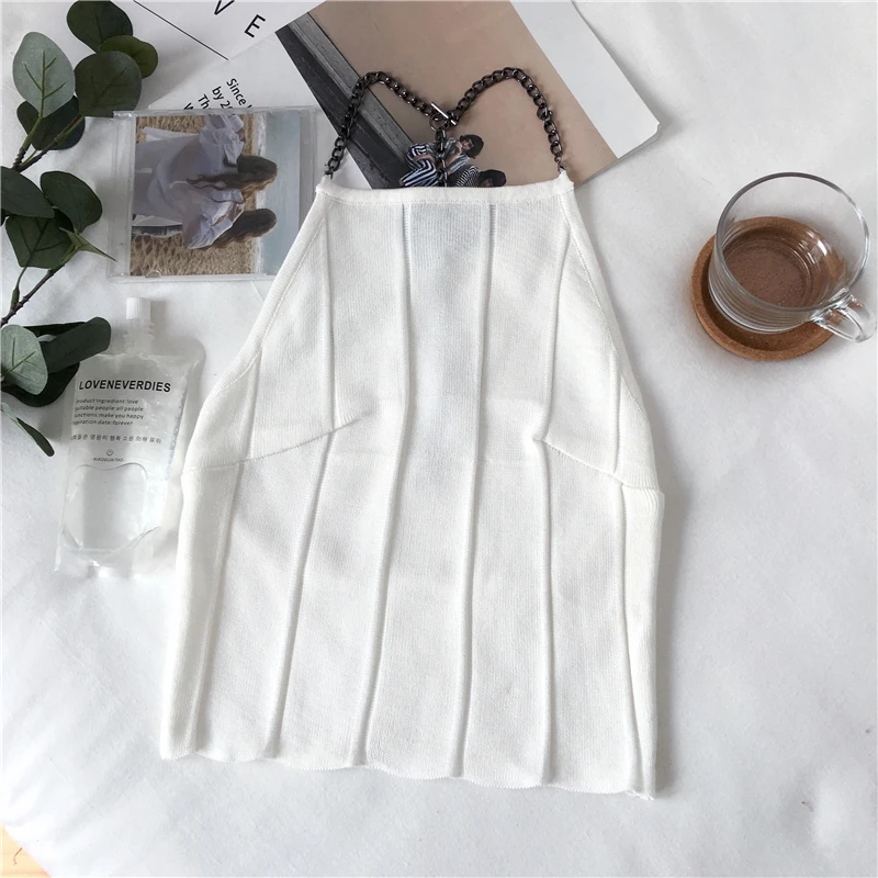 White Трикотажные майки Для женщин тонкий Вязание с лямкой на шее; Camisole Топы Женский цепь ремни кроп топы на бретельках, без рукавов, футболки Одежда для девочек - Цвет: White