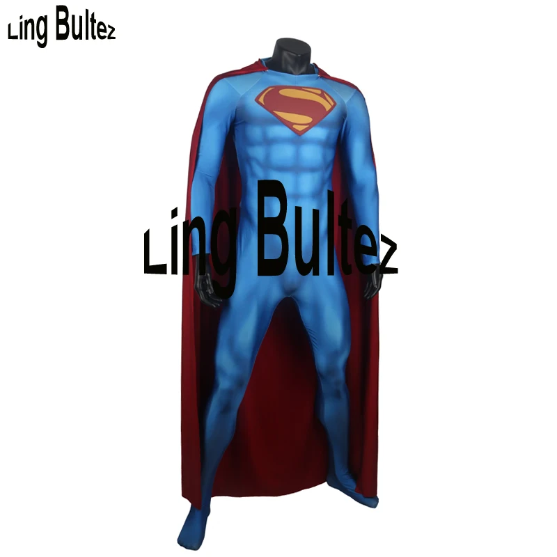 suit with cape Ling Bultez Высокое качество Новые мышечный оттенок Супермен косплэй костюм для Хэллоуина рельеф логотип 3D принт супер человек - Цвет: suit with cape