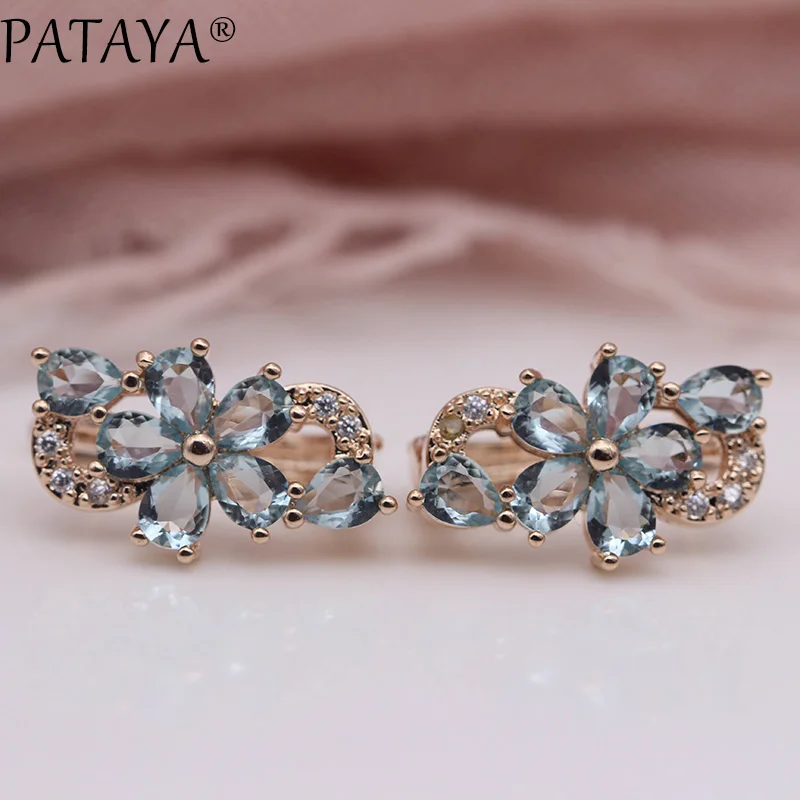 Light Blue PATAYA, новые женские серьги, 585, розовое золото, зеленый цвет, капля воды, натуральный циркон, модное ювелирное изделие, милый подарок, свадебные висячие серьги с цветами - Окраска металла: Light Blue