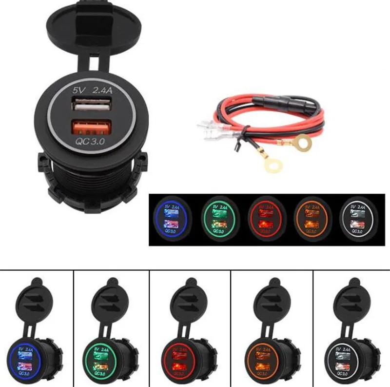 WUPP Car Quick Charger QC 3.0 Power Adapter Dual USB Vehicle DC 12 V-24 V Cigarette Socket Lighter 2 port+60CM Line