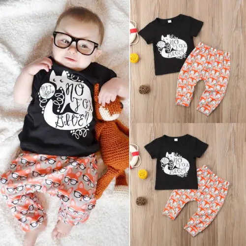2018 New Newborn Orange Fox 2Pcs Cute Bbay Boys Black Short Sleeve T-shirt Top+Long Pants Toddler Cotton Outfit Clothes Set |
