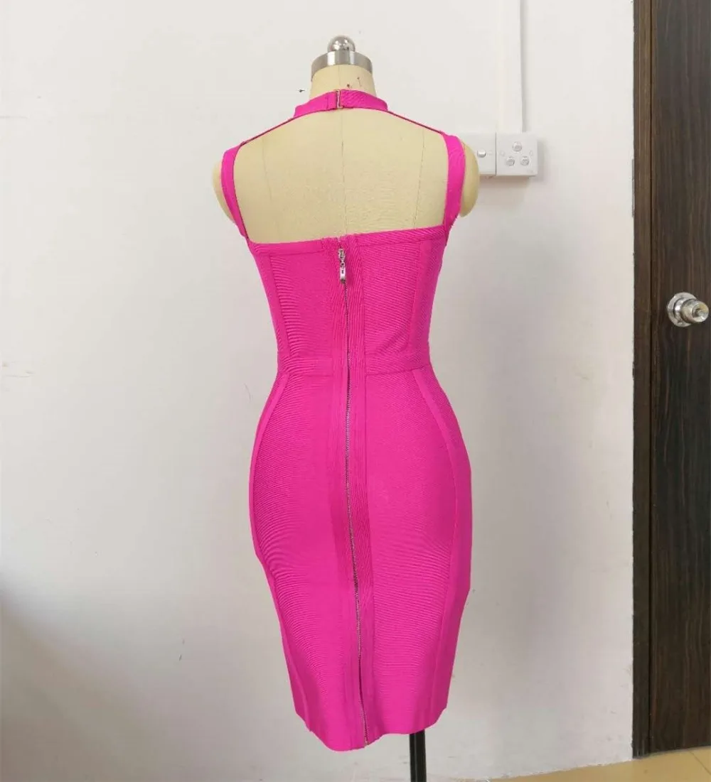 

Sleeveless Rose Pink Turtleneck cut out backless Bandage Dress 2018 new fashion Sexy Celebrity Evening Party Women Club Dresses