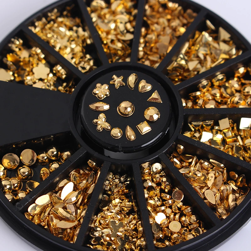 1 коробка металлические шпильки 3D украшения ногтей в колесиках золотые смешанные
