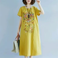 women vintage floral embroidery ethenic dresses vestido round neck short sleeve casual cotton linen dress midi