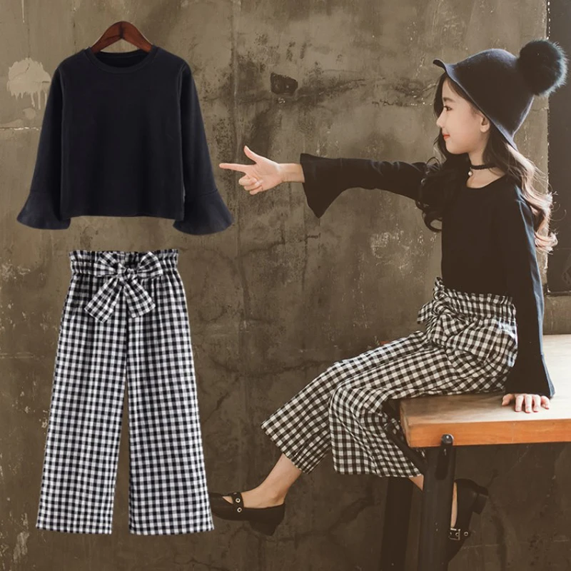Spring Autumn New Girls Clothes Solid Color Horn Long-Sleeved Shirt+ Plaid Trumpet Trousers Girls Suit Children Clothing
