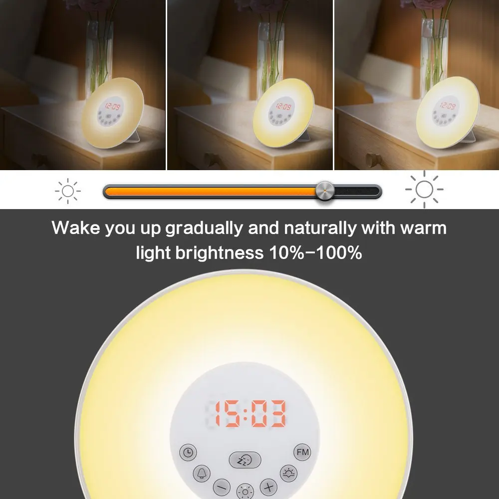 Sunrise Sunset Wake Up clock LED Digital Alarm Clock FM Radio Electronic Desk Clocks nixie table watch Night Light Beside Lamp |