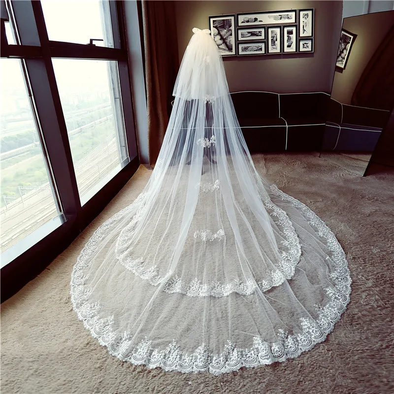 

H&S BRIDAL Two Layers Cathedral Wedding Veil Long 3meters Length Lace Edge Bridal Veil with Comb and Bow Wedding Accessories
