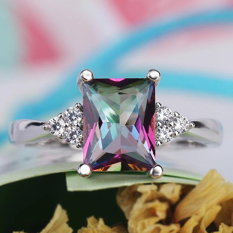 Яркое многоцветное циркониевое роскошное обручальное кольцо с белым серебряным