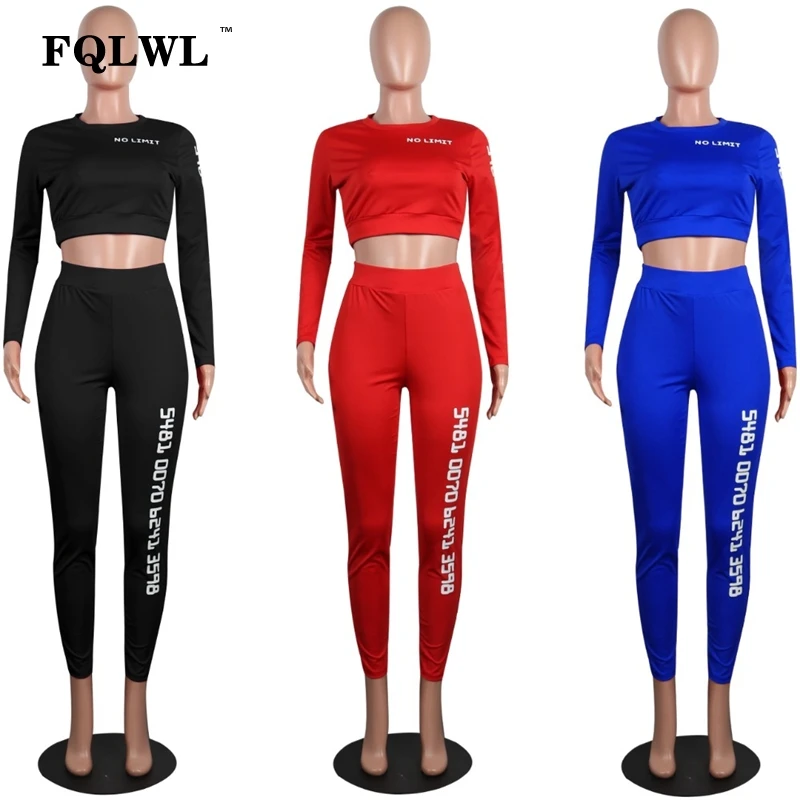 FQLWL женские комплекты из двух предметов с буквенным принтом, короткий топ с длинным рукавом+ брюки-карандаш, спортивный костюм для женщин, уличная одежда, спортивный костюм
