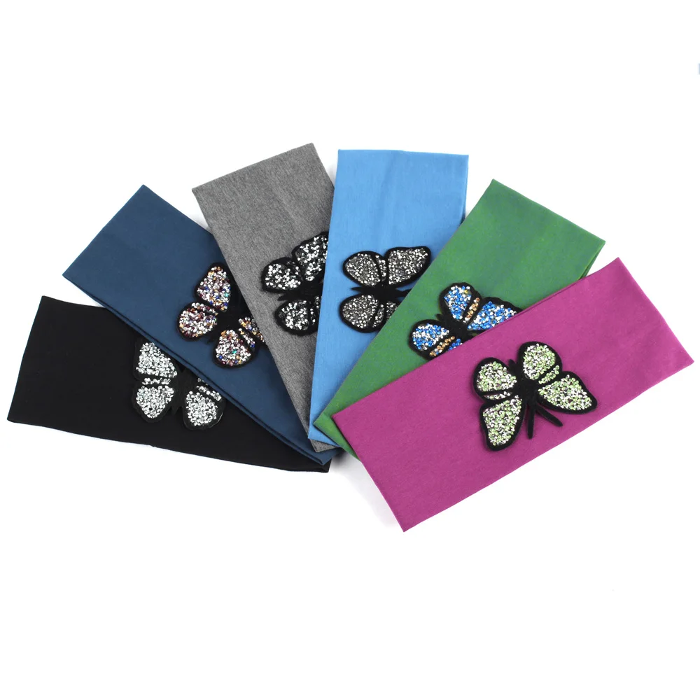 Женские гладкие растяжимые повязки Geebro, модные хлопковые бабочки, эластичная плоская повязка для девочек, блестящая ринестоунами.