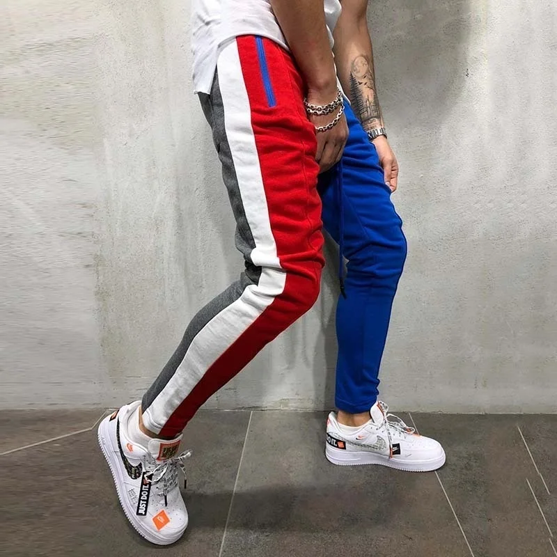 Цвет Блока Карманы Drawstring Slim Fit спортивные брюки для мужчин