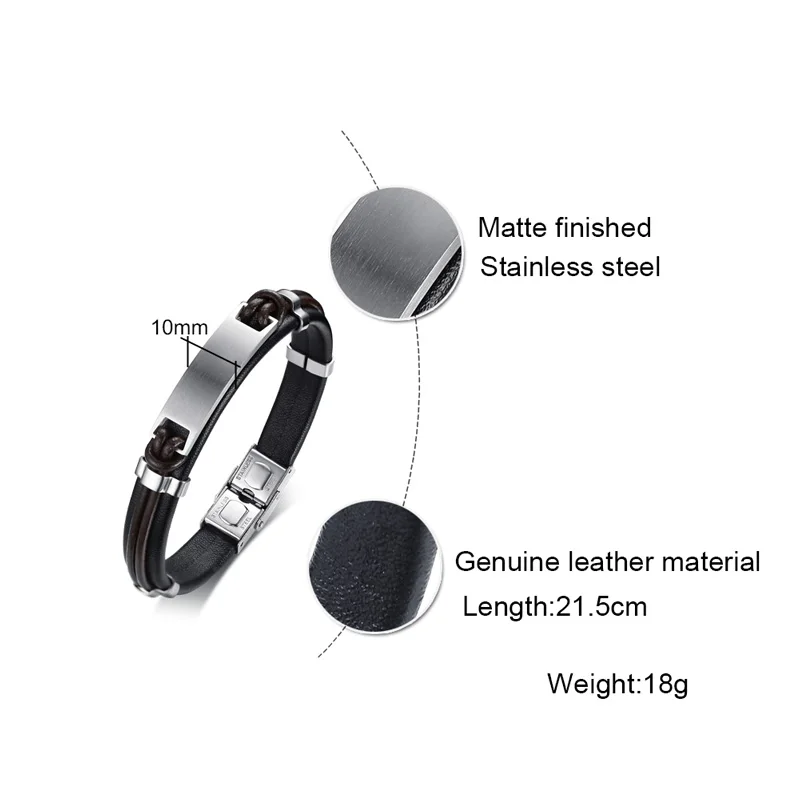 Lettering and laser personalized stainless steel ID bracelet men's handmade leather | Украшения и аксессуары