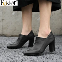 eokkar 2019 chunky heels pointed office women casual shoes cow pu leather black ladies pumps black platform shoes size 34 39