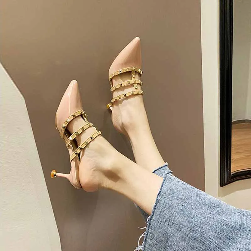 2019 г. женские летние босоножки с заклепками дизайнерские на высоком каблуке