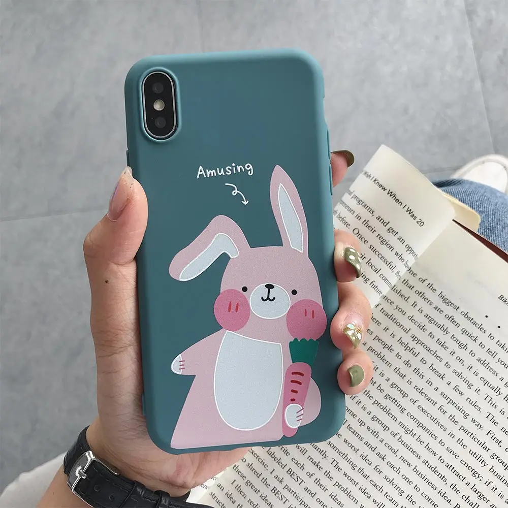 TPU чехол матовый с животными для iPhone 7 Plus XR X XS Xs Max 8 Чехлы 6S 6 милый кролик медведь