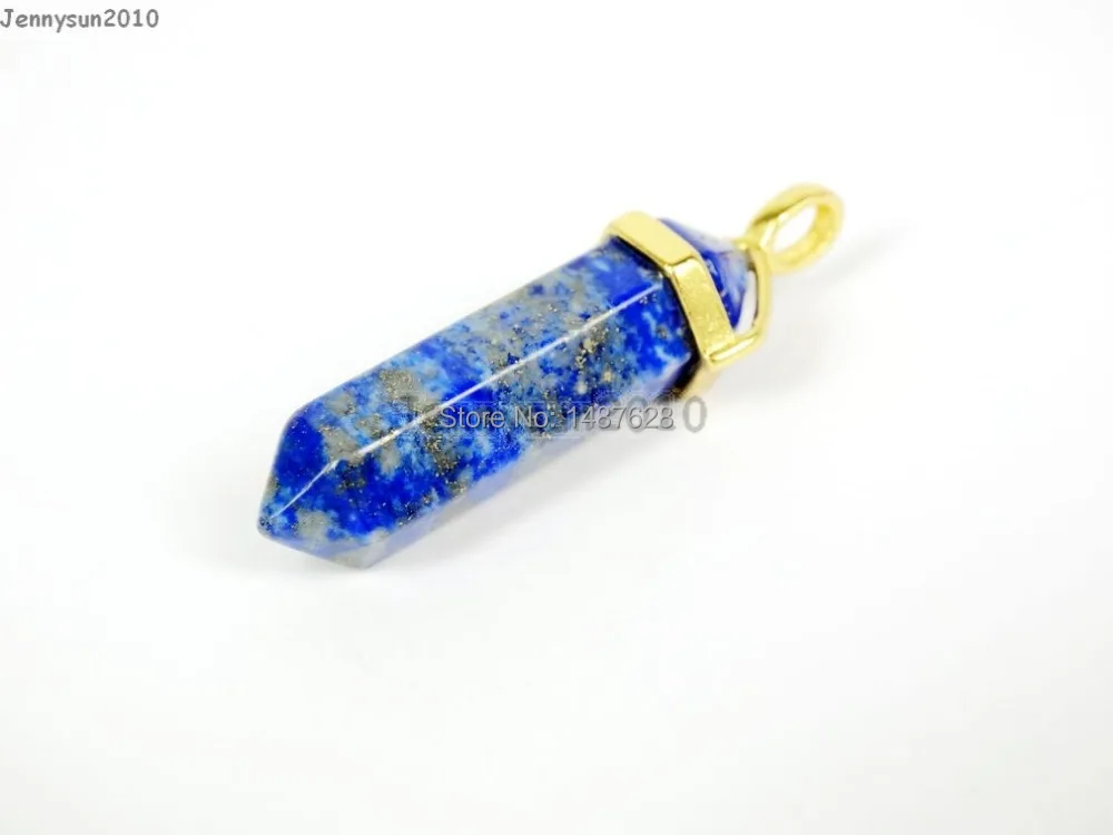 

Natural Lapis Lazuli Gems Stones Hexagonal Pointed Healing Reiki Chakra Gold Pendant Beads Necklace Earrings Jewelry 10Pcs/Pack