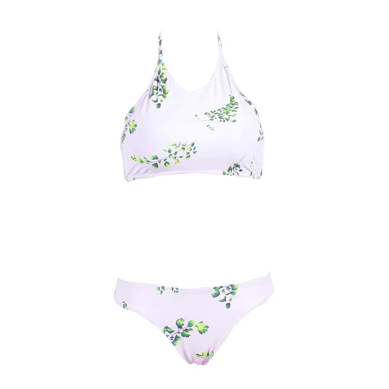 Женский купальник бикини TQSKK бразильский с зелеными листьями и лямкой на шее