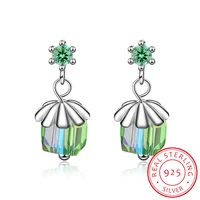 lekani 925 sterling sliver women earrings crystal fine jewelry flower cube stud earrings girl brincos