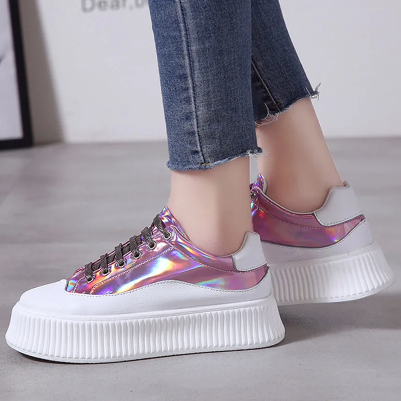 2019 New Creeper Sneakers Women Casual Shoes Bright Leather PU Lace-up Wedge Air Platform Pink Silver Chunky Woman | Обувь