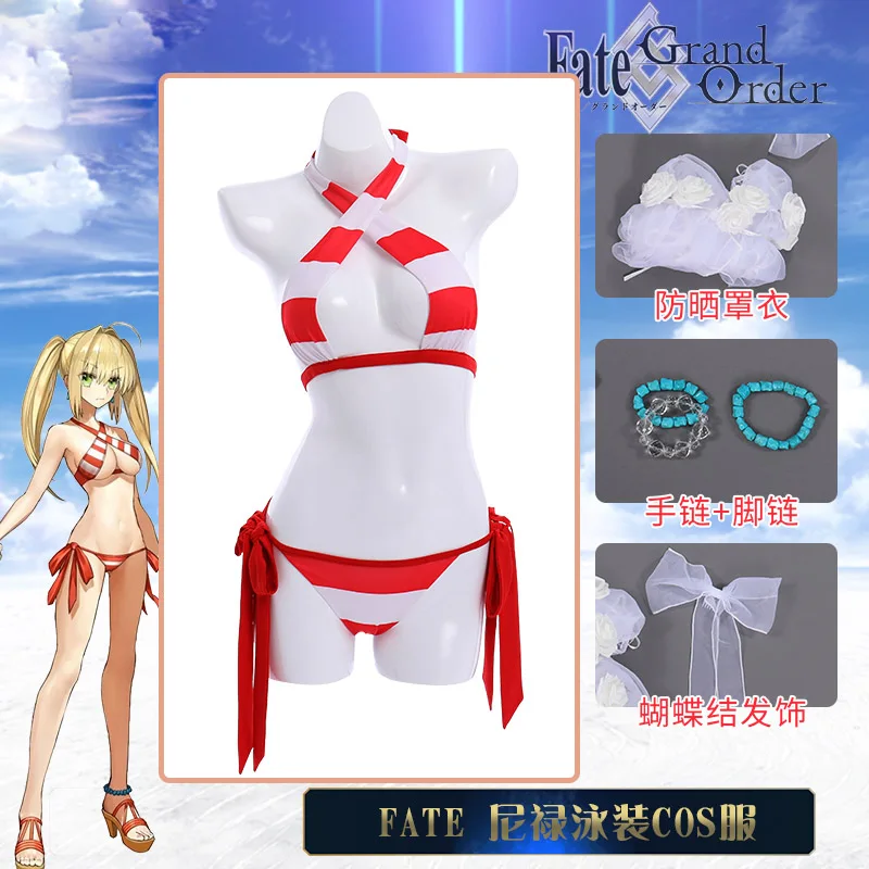 Аниме Fate/Экстра Nero Saber косплей милый сексуальный полосатый купальник набор
