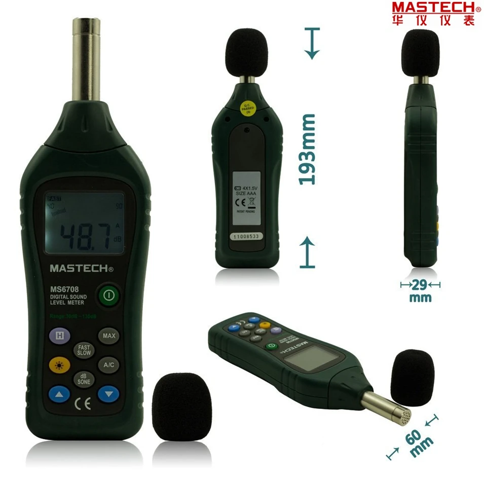 Горячая MASTECH ms6708 ручной ЖК дисплей цифровой Дисплей 30db ~ 130db измеритель уровня