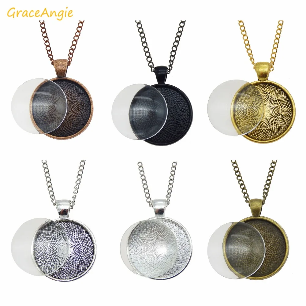 

GraceAngie 6sets Round Vintage Alloy Necklace Charns Tray Bezel Pendant Base Glass Cover Chain color Mixed Jewelry Accessory