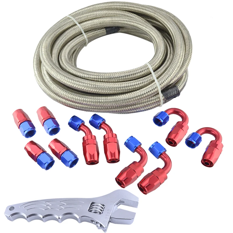 

AN4 Double Stainless Steel Braided Oil/Fuel Hose 16FT+0+45+90+180 Degree Fitting Oil Hose End Adaptor Kit With Silver Spanner