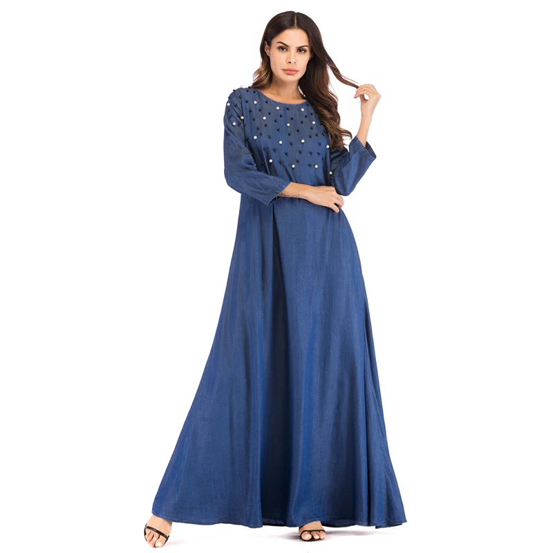 MISSJOY Мусульманское платье Абая Дубай;Джинсовое платье Arabian, турецкие Макси-платья с бусинами, марокканский кафтан с заклепками, длинный рукав макси платье буле Исламское платье women dress