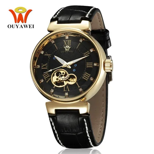 Gold Black Relogio Masculino OYW роскошные мужские s Скелет автоматические механические часы мужские кожаный ремешок 30 м водонепроницаемые Модные мужские наручные часы - Цвет: Gold Black