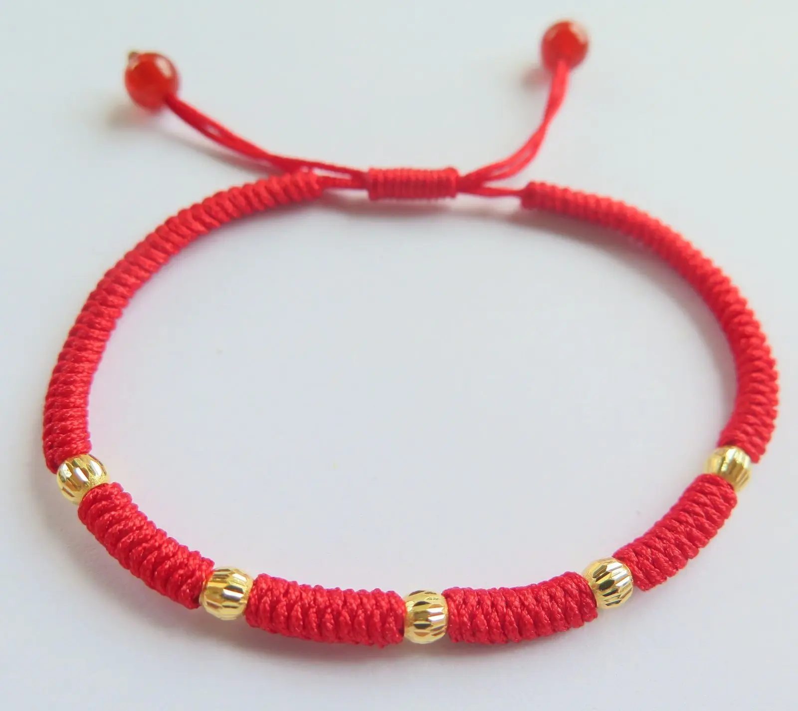 

New 24K Yellow Gold 6pcs Round Beads Red Braided Bracelet