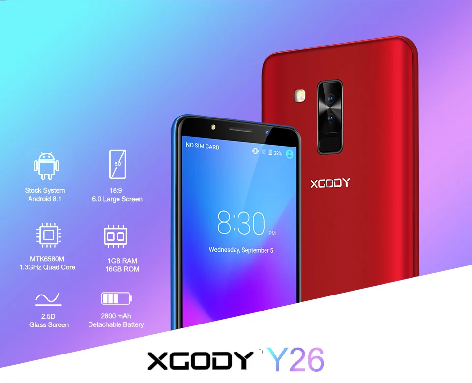 XGODY Y26 6 0 &quot18:9 полный Экран 2800 mAh смартфон MT6580 4 ядра Android 8 1 5MP двойной сзади Камера