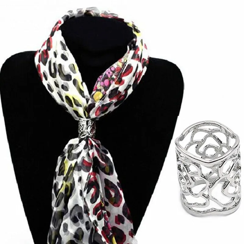 Silver Color Flowers Brooch Scarf Buckle Hollow Rose Flower Brooches For Women Crystal Holder Silk Scarf Jewelry Gift