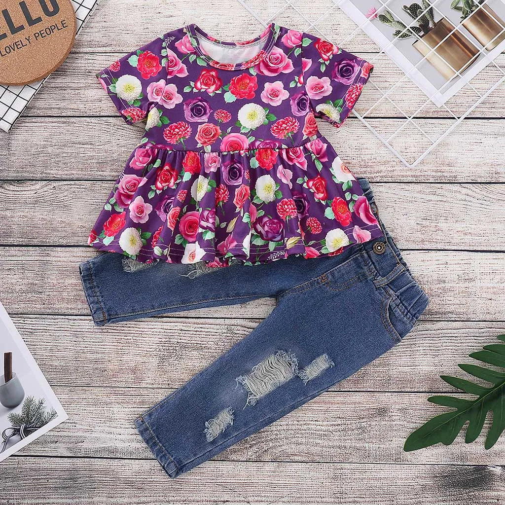 Комплект одежды для малышей топы с цветочным принтом маленьких девочек +