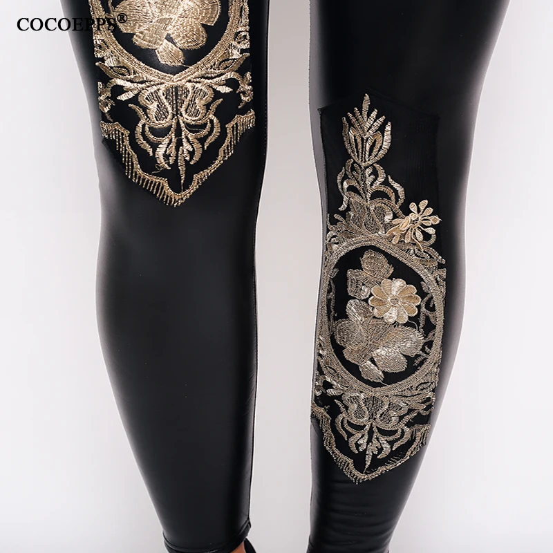 

2019 new Autumn PU Leather Women Plus Size Leggings Spring Large Size Female Pencil Pants High waist Black embroidery flower 2XL