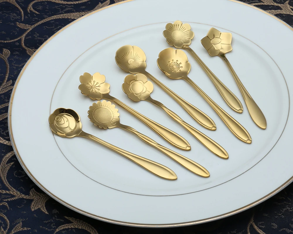 Coffee Tool 8 Pieces Stainless Steel Creative Flower Spoon Tableware Tea Spoons Ice Cream Set Sliver Gold | Дом и сад