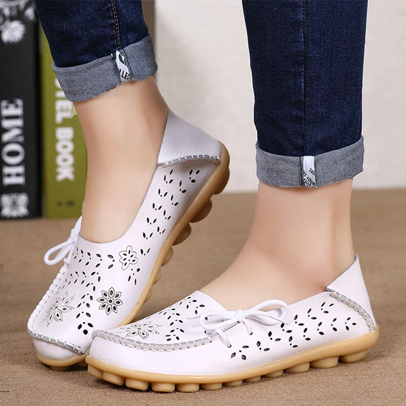 White Big size 34-44 spring women flats shoes women genuine leather flats ladies shoes female cutout slip on ballet flat loafers - Цвет: White